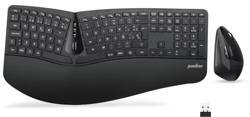 Perixx Periduo-605, Pack de Teclado Ergonómico Inalámbrico, Teclado Dividido y Ratón Vertical con reposamuñecas y Teclas de Membrana Low Profile, Layout QWERTY Español