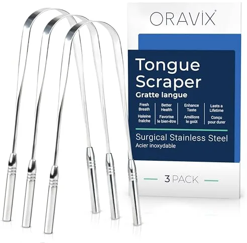 Raspador lengua acero inoxidable | Pack de 3 | Limpiador lengua | Mejor e higiene bucal | Limpiador lingual acero inoxidable | Raspador lengua para niños y adultos | Halita | Rascador lengua | ORAVIX
