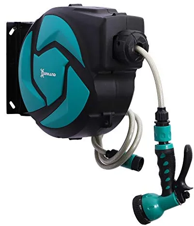 DURHAND Carrete para Manguera Retráctil 10m con 7 Modos de Riego Sistema de Enrollado Automático con Bloqueo Conector de 1m para Jardín Césped 28x14x34 cm Negro y Verde