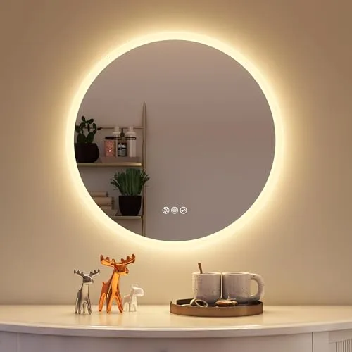 STARLEAD 60cm Espejo-Baño-Redondo-con-Luz y Bluetooth, Espejo-Baño-LED con Antivaho, Regulable, 3 Colores Luz, Memoria, IP44, HD Vidrio Templado, Ahorro Energía, Eye-Care