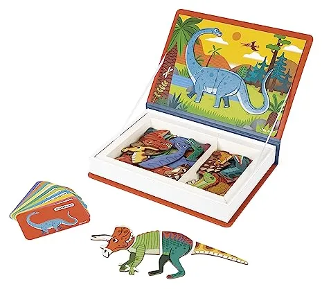 Janod Magneti'Book Dinosaurios, Juego Educativo Magnético de 50 Piezas, Desarrolla la Motricidad Fina y la Imaginación, Certificado FSC, A Partir de 3 Años, J02590