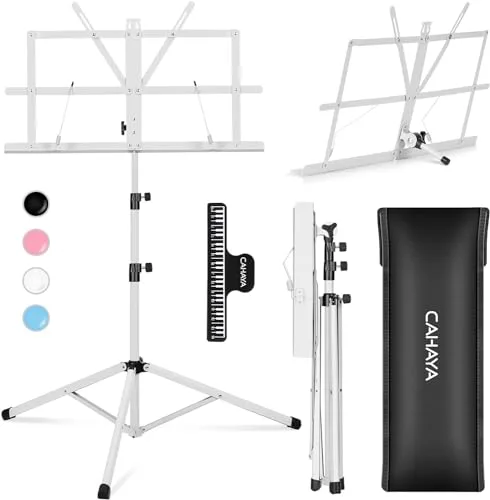 CAHAYA Soporte para Partituras Plegable & Atril de Escritorio para Libros 2-EN-1 Atril para Partituras con Altura Ajustable 70-138cm Incluye Bolsa de Transporte Color Blanco