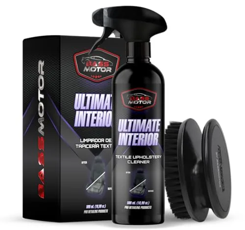 BassMotor Limpia Tapicería Textil para Asientos y Alfombrillas Coche, Limpiador Interior Tejidos de Coches con Cepillo Incluido Uso Fácil Aroma Fresco - Ultimate Interior 500ml + Cepillo
