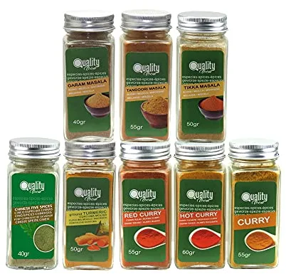 QUALITY FOOD QF SPAIN Pack de especias Masala. Ideal para regalo y uso diario. 8 Tarros de cristal, reutilizables. 5 especias chinas, Curry Dulce, Picante y Rojo, Garam, Tikka, Tandoori