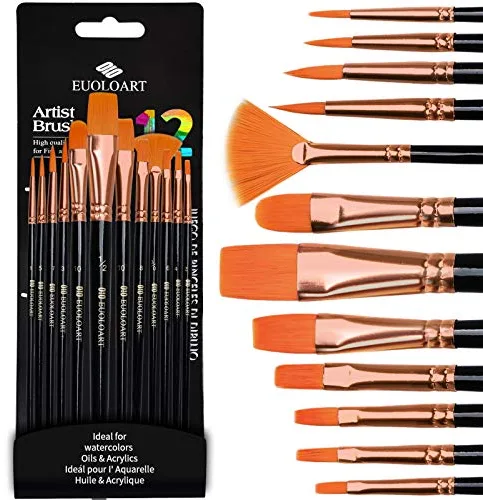 Set de Pinceles Pintura - 12 Pinceles Profesionales para Acuarela,Gouache, Acrilico, óleo, Dibujo de Líneas. Pincel de Artista para Niños y Adultos