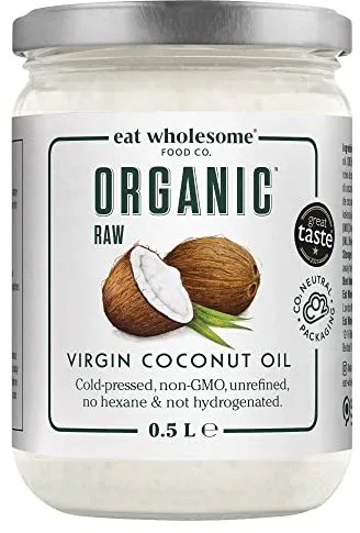 Eat Wholesome Aceite De Coco Virgen Orgánico, 500ml - Crudo, Prensado En Frío, Galardonado, Tarro De Cristal En Caja, Para Cocinar, Hornear, Cuidado De La Piel Y Cabello, Vegano, Embalaje Neutro CO2