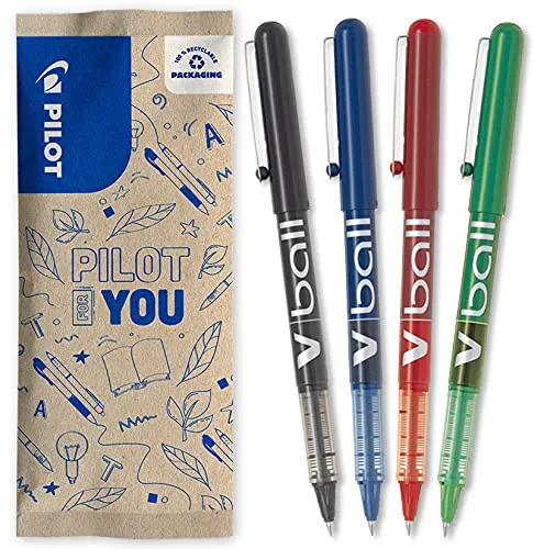 PILOT - Caja de 4 VBall 05 - Bolígrafos Roller con Tinta Líquida - Bolígrafos con Punta Cónica Fina para Escritura Suave y Precisa - Secado Rápido - Antimanchas - Negro, Azul, Rojo, Verde - Punta Fina