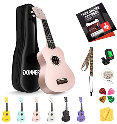 Donner Ukelele Soprano para Principiantes y Adultos, Ukulele Kit 21 Pulgadas Niños con Bolso, Correa, Afinador, Paño de Pulido con Online Inglés Lección (Rosa)