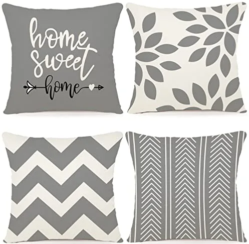 ZWJD Fundas para Cojines de 45 x 45 cm, Juego de 4 Funda de Almohada del Decorativos de Tela de Lino para de Granja，Decorativa de Color sólido para Sala de sofá, Cama（Gris）