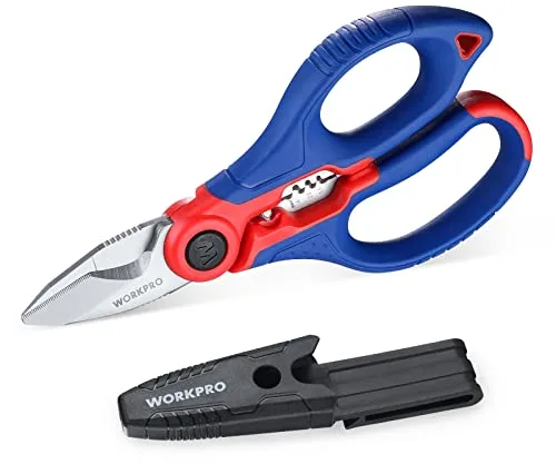 WORKPRO Tijeras Electricista Multifuncionales de Acero Inoxidable 163 mm, Tijeras con Pelacables y Funda de Clip, Herramienta para Cortar Cables y Alambres, Cortadora Profesional para Electricistas