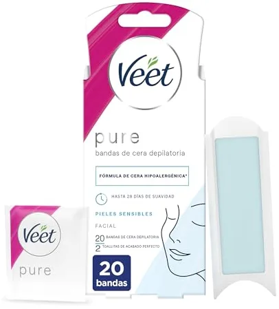 Veet Pure Bandas de Cera Fría Depilatoria para Depilación Facial Adecuado para Labio Superior (Bigote), Fórmula de Cera Hipoalergénica para Pieles Sensibles, 20 Tiras