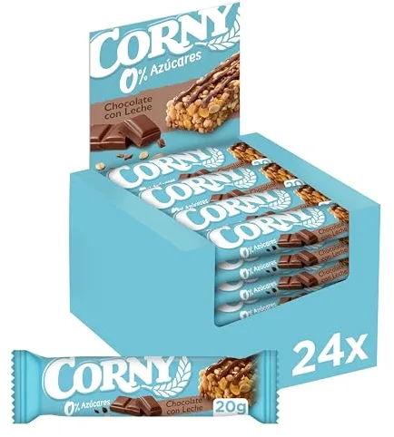 Corny - Barritas de Cereales 0% de Chocolate con Leche, Sin Azúcares Añadidos, Bajo en Calorias y Grasas Saturadas, Fuente de Energía, Fibra y Proteinas, 24 x 20 gr