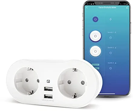 Garza Smart, Enchufe Wifi doble inteligente con 2 tomas y 2 puertos USB, programable, WiFi 2.4 GHz, con medidor de consumo, control remoto por app y por voz Alexa/Google, color blanco