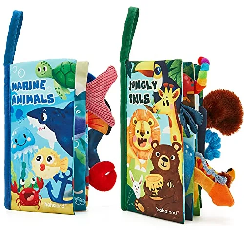 hahaland Libros Bebe Juguetes Bebes 0-3 6-12 Meses 2PCS Libros de Tela Blandos para Bebes Recien Nacido Niños Educativo Juguetes Niños 1 año, Animales Libro Sensorial Suave de Actividades para Bebé