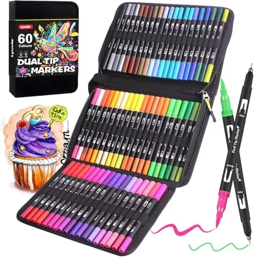 Lyuvie 60 Colores Rotuladores Lettering Rotuladores Punta Pincel Doble Punta para Adultos y Artistas, Punta Fina Lettering Kit para Principiantes, Caligrafía, Dibujar