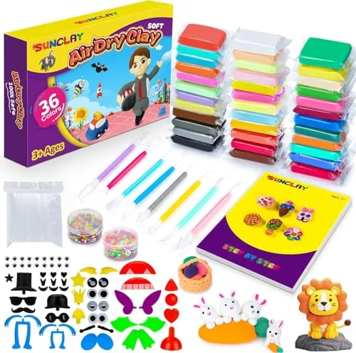 SUNCLAY Arcilla Polimerica Secado al Aire - 36 Colores con 80 Páginas Tutorial 8 Herramientas y 5 Accesorios Plastilina Pasta de Modelar para Niños de 3 a 12 Años
