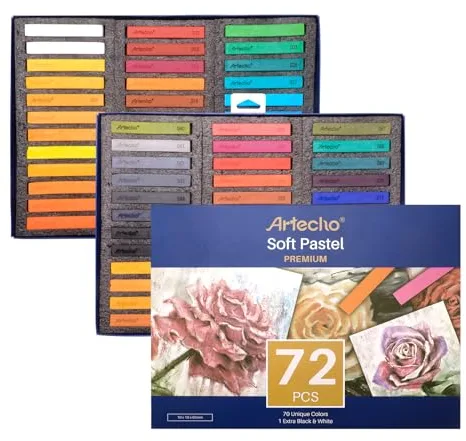 Artecho Tiza Pastel 72 Piezas, Soft Pastel 70 Colores, Incluidos 4 Colores Fluorescentes, Blanco y Negro Extra Gratis, Ideal para Principiantes y Artistas.