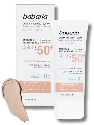 Babaria - BB Cream Anti Manchas | Crema Hidratante Con Color Multiprotección | Crema Solar Facial 50 Con Color | BB Cream Spf 50 | Vitamina B3 Y Protección Muy Alta