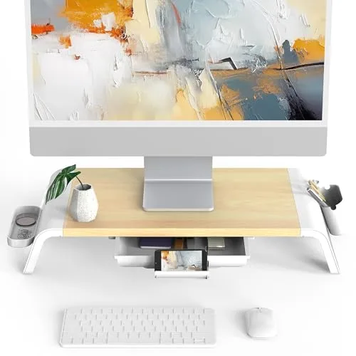 Fenge Soporte Monitor Elevador Monitor de Madera con Cajón y Soporte de Teléfono,Cajas de Almacenamiento Móviles L52xW23,5xH8,9cm Blanco G04A1521C