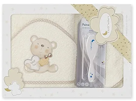 Interbaby - Capa de Baño Bebe Beige + Peines Bebe | Toalla con Capucha 100% Algodón, 100x100cm, Unisex | Suave, Secado Rápido | Ideal para Recién Nacidos, Bebes y Niños Pequeños | Diseño Love You