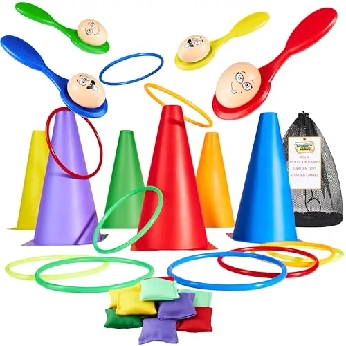 KreativeKraft Juegos Infantiles Juegos Exterior Niños Familia Adultos para Fiesta Cumpleaños Jardin Aire Libre Sacos para Carreras Ring Toss Game (Juego 4 en 1)