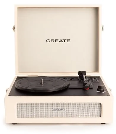 CREATE/Record Player Retro/Tocadiscos Retro Blanco Roto/Diseño Vintage, Bluetooth, USB, SD, MicroSD,Mp3, Sonido estéreo, 3 velocidades de reproducción, para Todo Tipo de vinilos