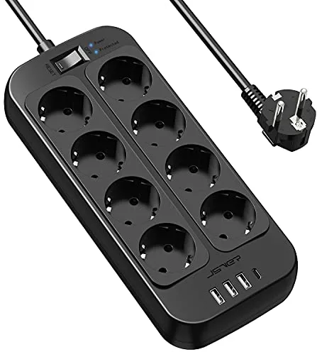 JSVER Regleta Enchufes USB, Proteccion Sobretension con 8 Toma de Corriente y 4 Puertos(5V3,4A) Estación de Carga Inteligente Tomas Alargadora con Cable 1.8m-Negro