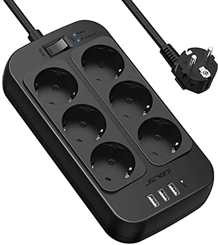 JSVER Regleta Enchufes USB, Proteccion Sobretension con 6 Toma de Corriente y 4 USB Puertos(5V3,4A) Estación de Carga Inteligente, Alargadora con Cable 2m-Negro
