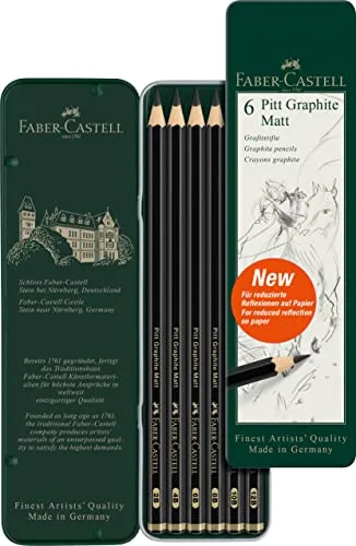 Faber-Castell 115207 - Estuche de Metal con 6 Lápices Pitt Graphite Matt - 2B, 4B, 6B, 8B, 10B, 12B