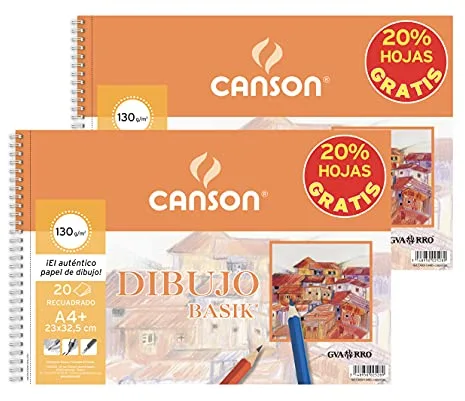 Canson 2 Álbumes Espiral Microperforados A4 de 20 hojas Dibujo Basik Recuadro, 130 g