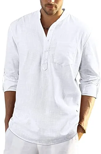 Enlision Hombre Verano Camisa de Lino Camisa Ajustada de Color Liso Camisa con Cuello en V Blusa de Moda con Botones T-Shirt Informal Blanco 2XL