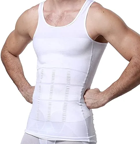 PHCOMRICH Camisa de compresión Slim fit para Hombre, Abdomen y Cintura de Pecho de compresión de Alta Elasticidad, Blanco, (XL)