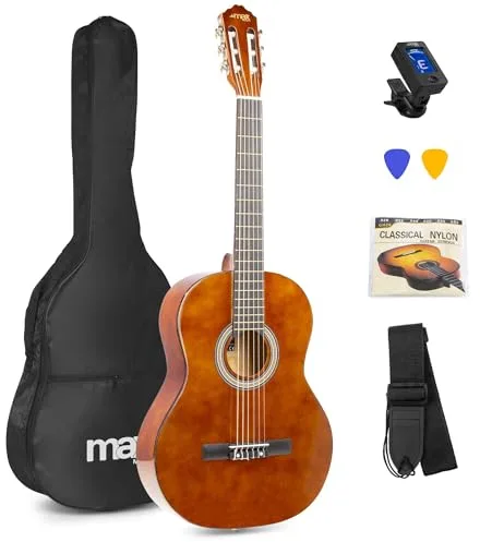 MAX SoloArt Guitarra clasica con cuerdas de nailon para Principiantes Adultos - guitarra flamenca con Funda, Afinador, Púa, Correa y Accesorios Guitarra Española 4/4 en Madera Natural Oscura