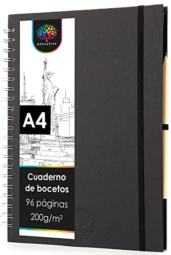 OfficeTree Cuaderno de dibujo A4 con anillas - Vertical - 96 páginas, 48 hojas - Bloc dibujo A4 200 g - Bloc de dibujo para acuarela - Cuaderno dibujo con lápiz