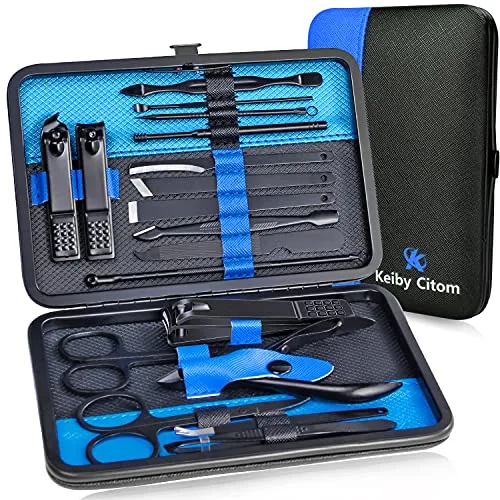 Juego de manicura profesional para cortaúñas de acero inoxidable, 18 piezas con estuche para viajes (negro/azul)