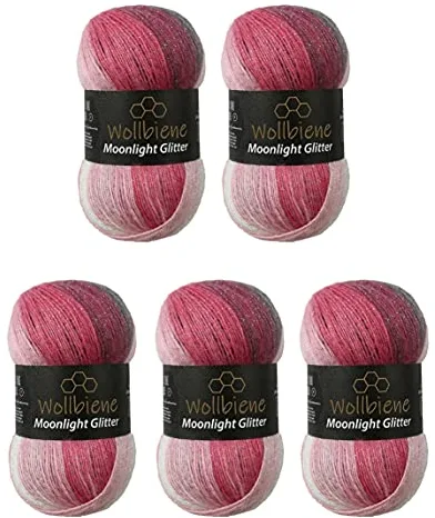 Moonlight Glitter Batik Simli - Ovillo de Lana para Tejer y Crochet, 5 x 100 g, 500 g, 20% Lana, Metalizada, Turca, Degradada, Brillante (5100 Gris, Bayas Blancas)