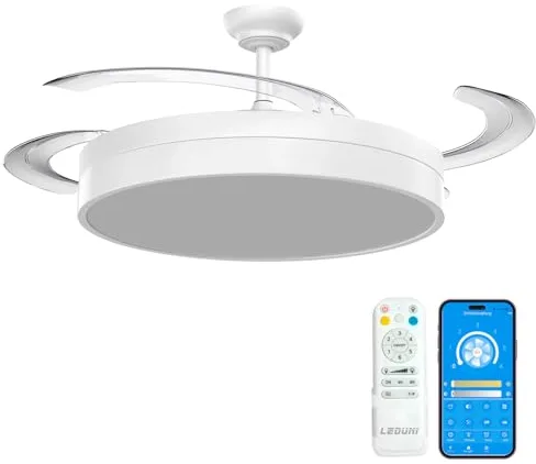 LEDUNI ® Ventilador con Luz Lámpara LED 66W Ventilador Invisible Ultra Silencioso con Mando a Distancia+Control APP y Palas Retráctiles,Luz Fría/Neutra/Cálida Interiores Plafón lluminación
