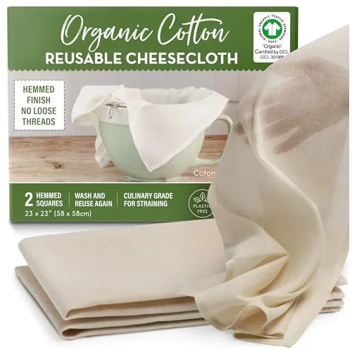 Estopilla de algodón orgánico sin blanquear para colar - 2 cuadrados reutilizables con dobladillo, certificado GOTS, colador fino reutilizable – Grande 58 cm x 58 cm