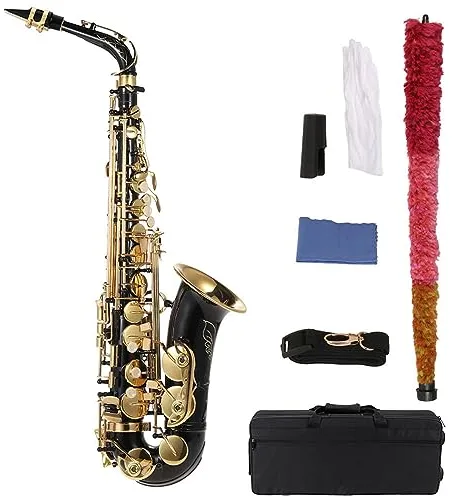 summina Saxofón de latón lacado dorado, llave tipo plana E Altsax 82Z, instrumento de viento-madera con pincel de limpieza, paño, guantes, correa acolchada, estuche