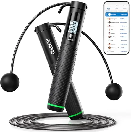 RENPHO Smart Cuerda para Saltar con Contador, Combas Ajustable sin Cable, Análisis de Datos Aplicación, Combas de Velocidad Crossfit, Cuerda para Saltar Profesional Entrenamiento para Mujer Niños MMA
