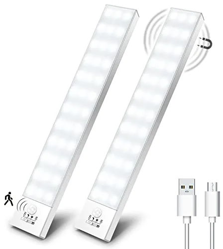 OUILA Luz LED Armario Magnética con Sensor Movimiento Blanco Natural 5000K 36 LEDs 4 Modos Luz LED Adhesiva USB Recargable 1000mAh Luce para Cocina, Armario, Escalera, Pasillo, Garaje-2 Piezas