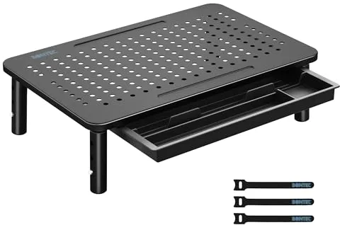 BONTEC Soporte para Monitor con Cajón, Elevador Monitor Escritorio de Tres Niveles de Alturas Ajustable con Plataforma de Malla para Computadora Portátil, iMac, Impresora, Capacidad hasta 20 kg