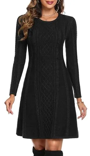 Aottori Vestido de Punto Mujer Suéter Manga Larga Cuello Redondo Elegante Casual Jersey Vestido Una Línea Otoño Invierno Negro M