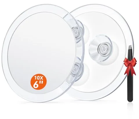 Auxmir 10X Espejo de Maquillaje 15cm con 3 Ventosa, Espejo de Aumento para Pared Baño, Espejo Portátil Redondo para Viaje, Transparente