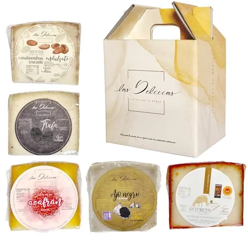 QUESOS LA ALDEA | Caja Regalo Gourmet de queso de Oveja 950g | 5 Cuñas Artesanales: Azafrán, Pimentón, Ajo Negro, Trufa y Almendra Crocanti | Pack Semi Curado | caja gourmet perfecta para regalar