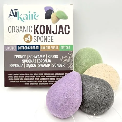 Esponjas faciales orgánicas de Konjac asociadas con té verde, carbón vegetal, lavanda y cáscaras de nuez | Juego de 4 esponjas en forma de gotas | Esponja vegetal limpiadora natural