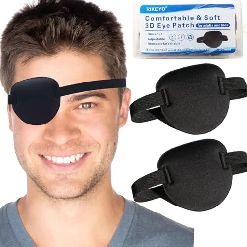 RIKEYO Paquete de 2 Parches de Ojos Negros para Adultos, Parche de Ojo Ajustable 3D para ambliopía o estrabismo, para Ojo Derecho o Izquierdo, Uso Regular o Disfraz de Pirata