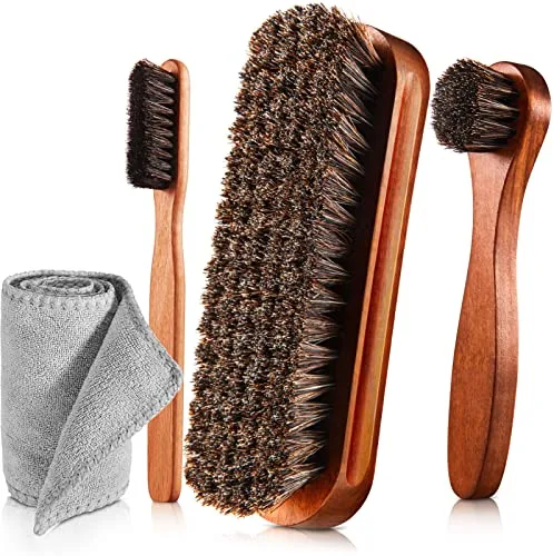 Kit de 4 cepillos de Pelo de Caballo para pulir Zapatos, aplicadores de Limpieza de Cuero, Zapatos, Botas, cepillos de Cuidado de Gamuza con paño de Microfibra para Zapatos (4 Unidades, Estilo A)
