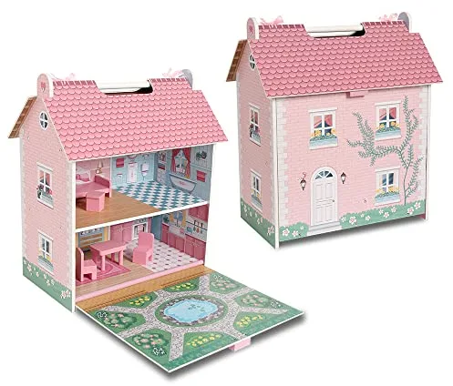 DEQUBE- Casa de muñecas de Madera portatil - Casita de Juguete de 2 Pisos con buhardilla y jardín con Asas para Transportar fácilmente- Incluye 7 Accesorios de Juego - Tamaño 39X34,5X18 (913D00017)