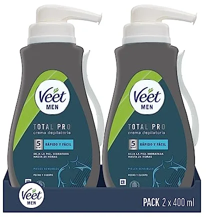Veet Men Crema Depilatoria Masculina para Pecho Espalda Brazos y Piernas, Pieles Sensibles, Color Gris, 400 ml (Paquete de 2)